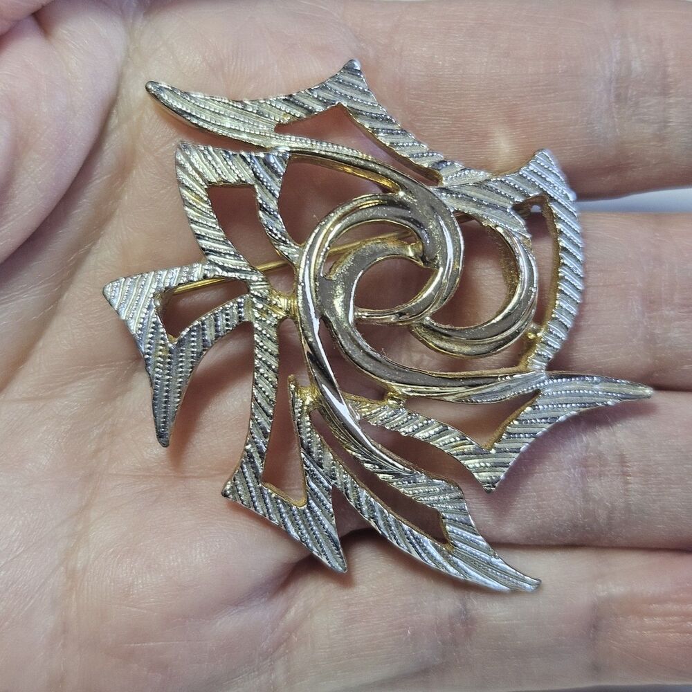 Sarah Coventry Brooch Modernist Gold Silver Vintage Signed 1971 Pin